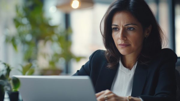 The image showcases a professional woman engrossed in her work at an office desk. She is wearing a corporate attire, and her focused expression suggests dedication to her tasks. The office environment is modern with minimalistic decor. The presence of a laptop and a keyboard indicates she might be using a computer for her work.