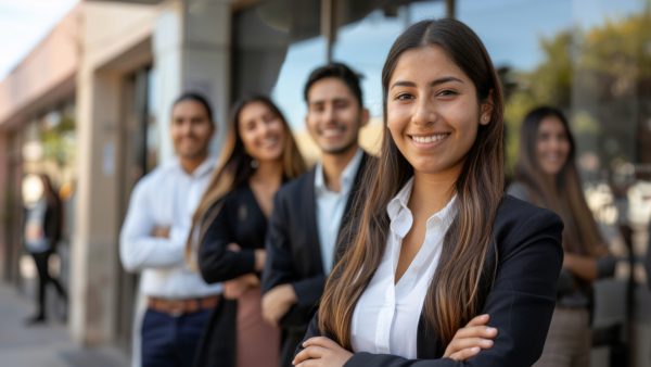 confident businesswoman stands in the foreground with a group of professional colleagues lined up behind her confident businesswoman stands in the foreground with a group of professional colleagues lined up behind her