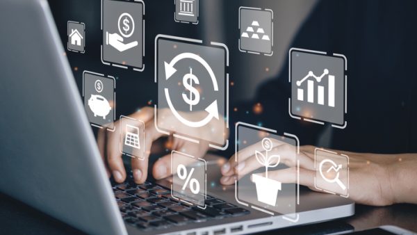 Businessman using a computer to Concept of fund financial investment management portfolio diversification Businessman using a computer to Concept of fund financial investment management portfolio diversification