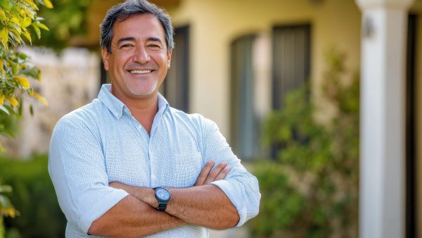Happy mature older Latin man new property buyer modern villa owner or realtor salesman Happy mature older Latin man new property buyer modern villa owner or realtor salesman standing outside home, smiling middle aged homeowner posing outdoor near country house