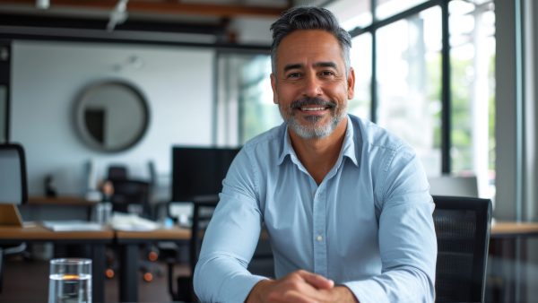 smiling middle-aged man in a blue suit with crossed arms, standing confidently smiling middle-aged man in a blue suit with crossed arms, standing confidently