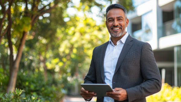 Successful businessman smiling with digital tablet outdoors A confident mature businessman with a digital tablet, smiling outdoors in a modern urban setting. The vibrant nature background adds to the professional yet relaxed atmosphere of the scene.